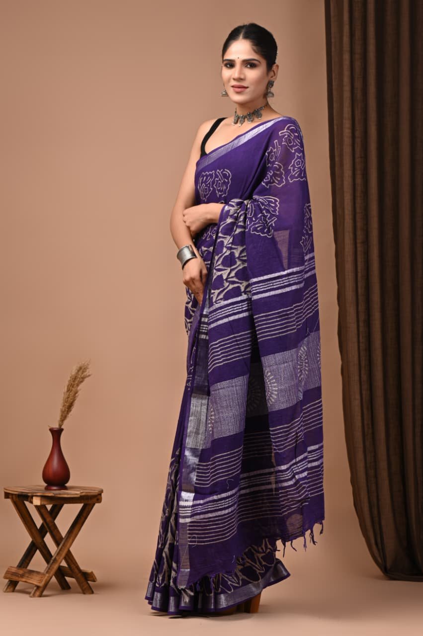 Hand Block Printed Linen Saree with Blouse